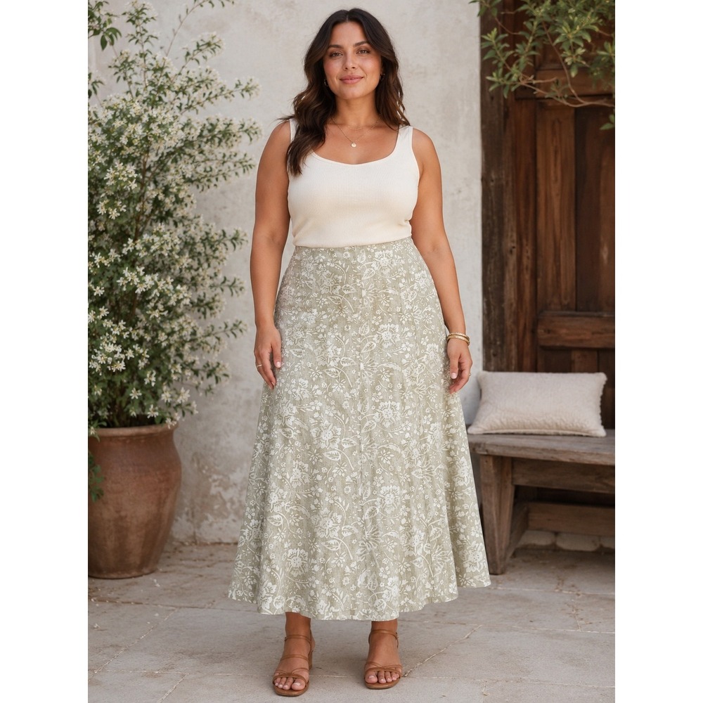 Style & Co Floral Linen A-Line Midi Skirt Women Size 14 Beige White